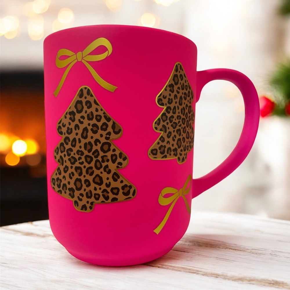 Hot Pink Mug with Leopard Print Trees and Gold Bows